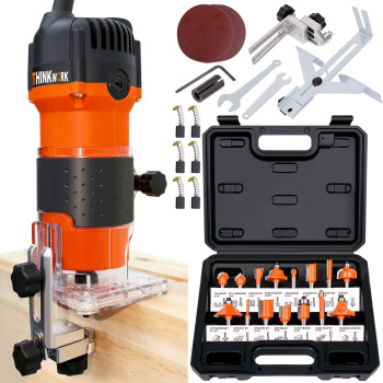 Thinkwork Compact Router 65Amp 125 Hp Compact Wood Palm Router Wood Trimmer With 15 Pieces 14 Router Bits Set 30000Rmi