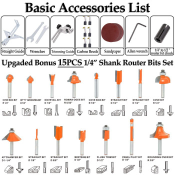 Thinkwork Compact Router 65Amp 125 Hp Compact Wood Palm Router Wood Trimmer With 15 Pieces 14 Router Bits Set 30000Rmi