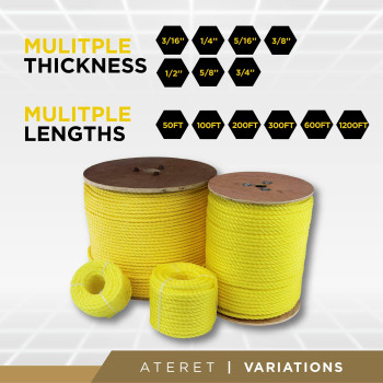 Ateret 12 Inch By 600 Feet Twisted 3Strand Yellow Polypropylene Rope I 3 780 Lbs Tensile Strength I Lightweight Heavyduty