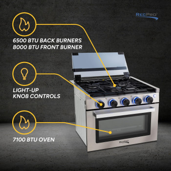 Recpro Rv Stove Stainless Steel Finish Gas Range 17 Tall 6500 And 8000 Btu Three Burner 7100 Btu Oven With 124 Cu Ft