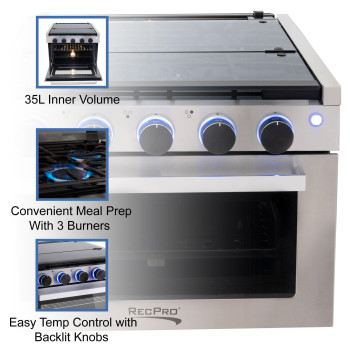 Recpro Rv Stove Stainless Steel Finish Gas Range 17 Tall 6500 And 8000 Btu Three Burner 7100 Btu Oven With 124 Cu Ft