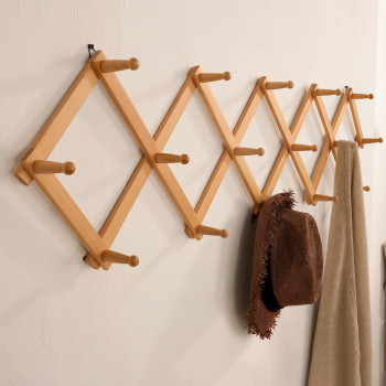 Skoloo Accordion Wall Hanger Modern Expandable Coat Rack Wall Mounted Solid Wooden Wall Hat Rack 16 Peg Natural