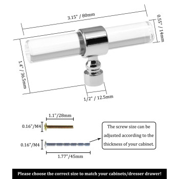 Cionyce 12 Pack Acrylic Cabinet Knobs Silver Drawers Knobs Clear Single Hole T Bar Cabinet Pulls For Dresser Drawers Kitchen Ca