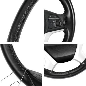 SEG Direct Genuine Leather Steering Wheel Cover, Stitch On Wrap, for 14 1/2-15 inches Round and D-Type Steering Wheels, Black