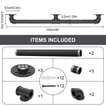 Willstar 8Ft Industrial Staircase Handrail Nonslip Pipe Bar Foot Rail Wall Mount Stair Rail Vintage Grab Bar For Steps Black Ir