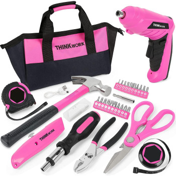 Thinkwork 41 Piece Pink Tool Set Ladys Hand Tool Set With 36V Rotatable Electric Screwdriver Home Repairing Tool Kit For Wo