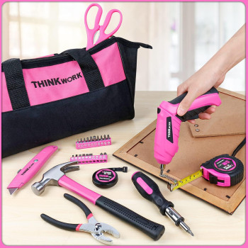 Thinkwork 41 Piece Pink Tool Set Ladys Hand Tool Set With 36V Rotatable Electric Screwdriver Home Repairing Tool Kit For Wo