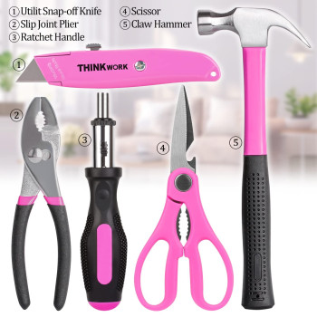 Thinkwork 41 Piece Pink Tool Set Ladys Hand Tool Set With 36V Rotatable Electric Screwdriver Home Repairing Tool Kit For Wo