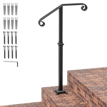 Spaceeup Single Post Handrail 388X205 Black Step Handrail Detachable Stair Railing Fit For 12 Steps Wrought Iron Handrail