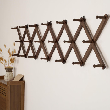 Skoloo Accordion Wall Hanger Modern Expandable Coat Rack Wall Mounted Solid Wooden Wall Hat Rack 20 Peg Walnut