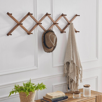 Skoloo Accordion Wall Hanger Modern Expandable Coat Rack Wall Mounted Solid Wooden Wall Hat Rack 14 Peg Walnut