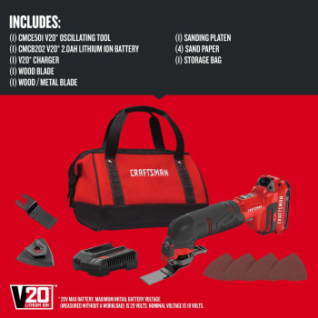 Craftsman V20 Cordless Multitool Oscillating Tool Kit Blades Sand Paper Battery And Charger Included Cmce501D1