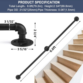 Seeutek Stair Railing 66Ft Staircase Handrails For Indoor Stairs Hand Railings For Stairs Metal Railing Black Wrought Iron Pipe