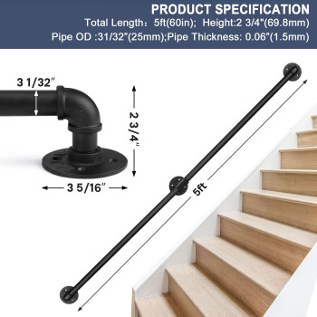 Seeutek Staircase Handrails 5Ft Handrails For Indoor Stairs Stair Railing Hand Railings For Stairs Metal Railing Black Wrought I