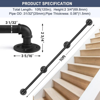 Seeutek Staircase Handrails 10Ft Handrails For Indoor Stairs Stair Railing Hand Railings For Stairs Metal Railing Black Wrought