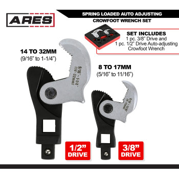 Ares 33008 2Piece Spring Loaded Auto Adjusting Crowfoot Wrench Set Adjustable Wrench Set With 8 To 32Mm 516Inch To 1 14