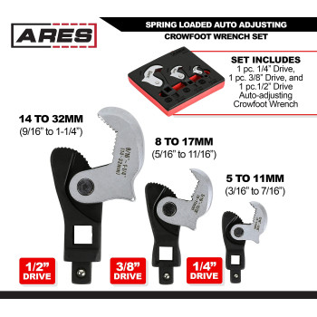 Ares 33009 3Piece Auto Adjusting Crowfoot Wrench Set Spring Loaded Adjustable Wrench Set With 5 To 32Mm 316Inch To 1 14