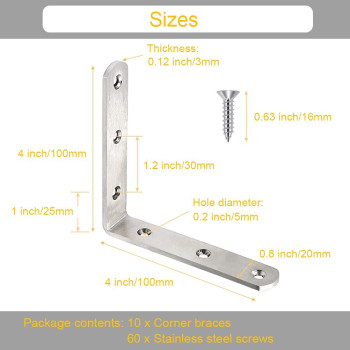 10 Pack L Bracket Corner Braces 4 Inch Stainless Steel Heavy Duty Shelf Bracket For Wood Shelves Wall Hanging Support 90 Degree