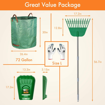 Gardzen Large Leaf Scoop 12 Tines Gardening Leaf Rake Set Comes With 72 Gallon Garden Bag