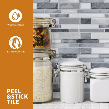 Wowstar 10Sheet Peel And Stick Tiles Marble Look Kitchen Backsplash Tiles 12X12 10 Gray