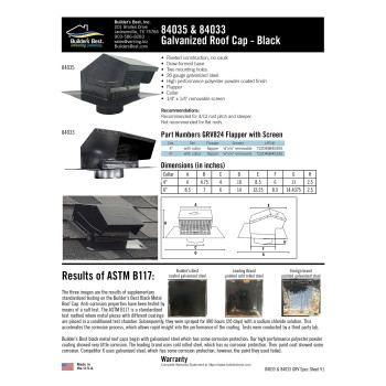 Builders Best 84035 Galvanized Steel Roof Vent Cap With Damper Removable Screen 4 Diameter Collar Black