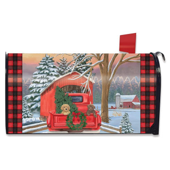 Winter Puppy Pickup Magnetic Mailbox Cover Christmas Plaid Standard