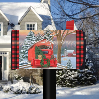 Winter Puppy Pickup Magnetic Mailbox Cover Christmas Plaid Standard