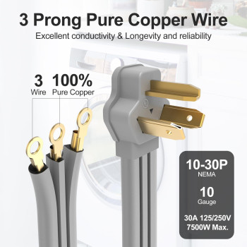 Topdc 3 Prong Dryer Cord 30 Amp Appliance Power Cord 10 Feet 3 Wires With O Ring Terminal Connectors 100 Pure Copper Wire