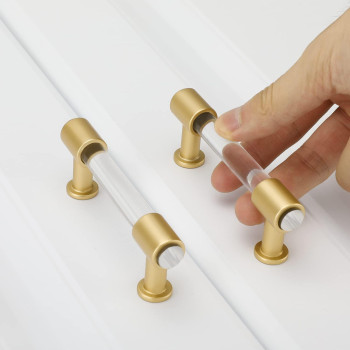 Peaha 10 Pack Acrylic Drawer Pulls Gold Kitchen Cabinet Handle Acrylic Dresser Drawer Pull Brushed Brass Cabinet Hardware 3In Ho