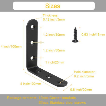 10Pcs Black L Bracket Corner Braces 4 Inch Stainless Steel Heavy Duty Shelf Bracket For Wood Shelves Wall Hanging Support 90 D