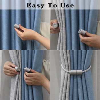 Porlau 2 Pack Grey Strong Magnetic Curtain Tiebacks Outdoor Elegant Decorative Tie Backs Modern Rope Tiebacks For Drapes Window