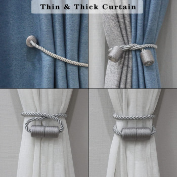 Porlau 2 Pack Grey Strong Magnetic Curtain Tiebacks Outdoor Elegant Decorative Tie Backs Modern Rope Tiebacks For Drapes Window