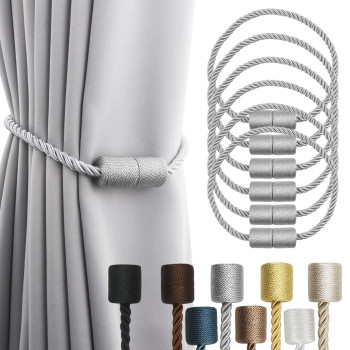 Porlau 6 Pack Grey Strong Magnetic Curtain Tiebacks Outdoor Elegant Decorative Tie Backs Modern Rope Tiebacks For Drapes Window