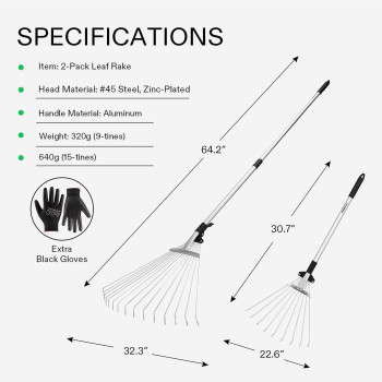 Vivosun 2Pack Leaf Rake Set Adjustable Garden Camping Rake Includes 15Tine 64 Rake And 9Tine 30 Rake Metal Rake With Co