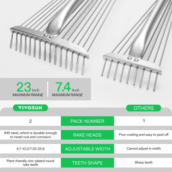 Vivosun 2Pack Leaf Rake Set Adjustable Garden Camping Rake Includes 15Tine 64 Rake And 9Tine 30 Rake Metal Rake With Co