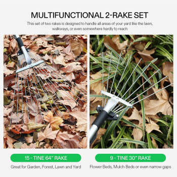 Vivosun 2Pack Leaf Rake Set Adjustable Garden Camping Rake Includes 15Tine 64 Rake And 9Tine 30 Rake Metal Rake With Co