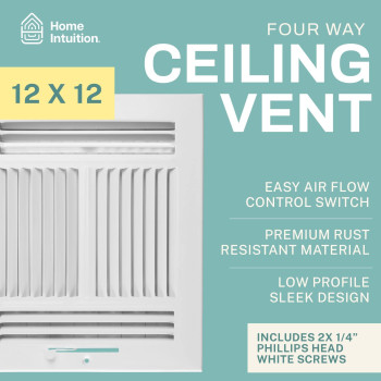 Home Intuition Ceiling Register Air Vent Covers For Home Ceiling Or Wall 12X12 Inch Duct Opening 4Way White Grille Regist