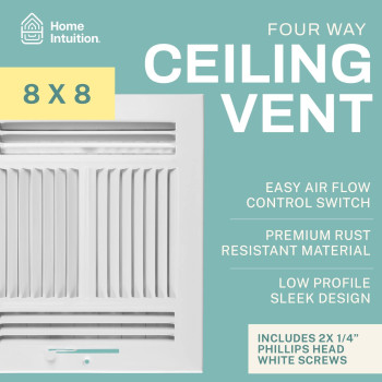 Home Intuition Ceiling Register Air Vent Covers For Home Ceiling Or Wall 8X8 Inch Duct Opening 4Way White Grille Register