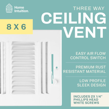 Home Intuition Ceiling Register Air Vent Covers For Home Ceiling Or Wall 8X6 Inch Duct Opening 3Way White Grille Register