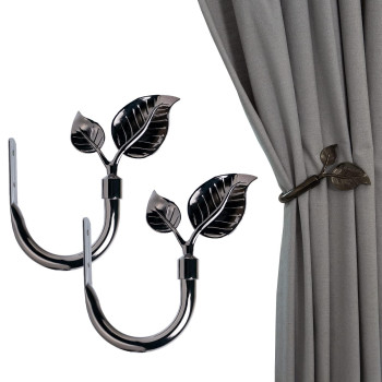 Hikmlk Handmade Metal Curtain Holdbacks 2Pcs Leaf Shaped Curtain Tiebacks Nickel Black Side Holders Curtain Pulll Back Hooks F