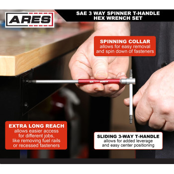 Ares 44002 8Piece Sae 3Way Thandle Spinner Hex Allen Key Wrench Set Sizes From 564Inch To 38Inch Sliding Handle S