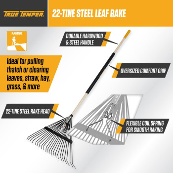 True Temper 20201001 Steel Tine Leaf Rake With Hardwoodsteel Handle 22 Tines Black