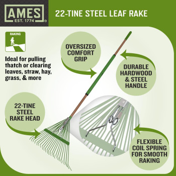 Ames 20201033 Steel Tine Leaf Rake With Hardwoodsteel Handle 22 Tines