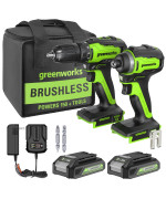 Greenworks 24V Max Cordless Brushless Drill Impact Combo Kit 2 20Ah Batteries 1 Charger And Bag Included