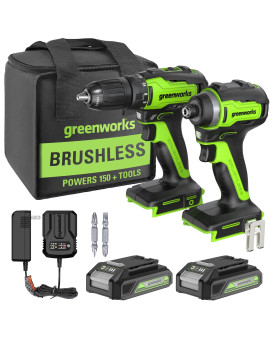 Greenworks 24V Max Cordless Brushless Drill Impact Combo Kit 2 20Ah Batteries 1 Charger And Bag Included