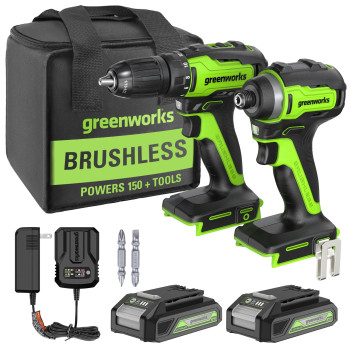 Greenworks 24V Max Cordless Brushless Drill Impact Combo Kit 2 20Ah Batteries 1 Charger And Bag Included