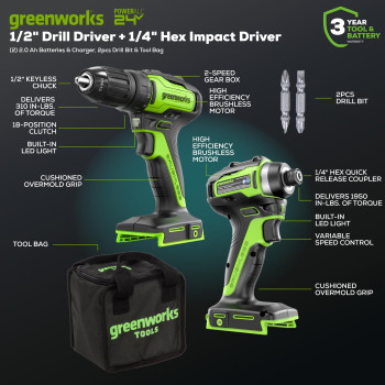 Greenworks 24V Max Cordless Brushless Drill Impact Combo Kit 2 20Ah Batteries 1 Charger And Bag Included