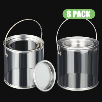 Yalikop 8 Pack Clear Paint Cans Paint Bucket With Metal Lids And Handle Decorative Clear Plastic Bucket Storage Paint Can Plasti