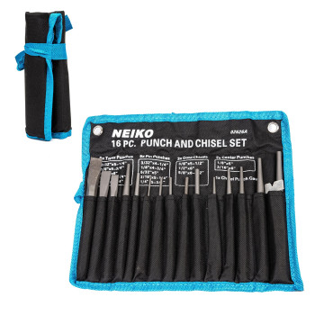 Neiko 02626A Punch And Chisel Set 16 Piece Cold Chisels Taper Pin Center Punches Chrome Vanadium Steel Roll Up Pouch