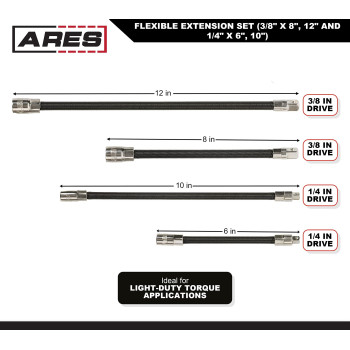 Ares 42073 4Piece Flexible Socket Extension Set 14Inch And 38Inch Drive Extensions 6Inch To 12Inch Extensions With